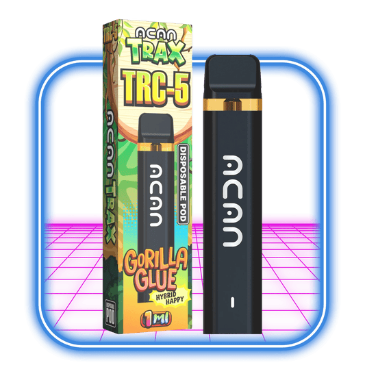 TRAX / TRC-5 95% Vape 1ml | Gorilla Glue (Hybrid)-kapseln från Acan visas med livfull förpackning, med en elegant svart kropp med vit text och guldaccenter, som förkroppsligar Tresconol-upplevelsen.