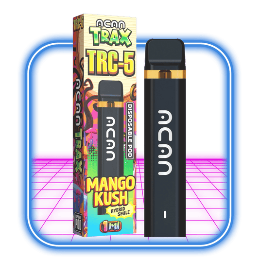 En svart Acan vape pod för engångsbruk placeras bredvid dess förpackning med tropiskt tema, märkt TRAX / TRC-5 95% Vape 1ml | Mango Kush (Hybrid), mot en neonbakgrund, och fångar essensen av TRC-5-upplevelsen.