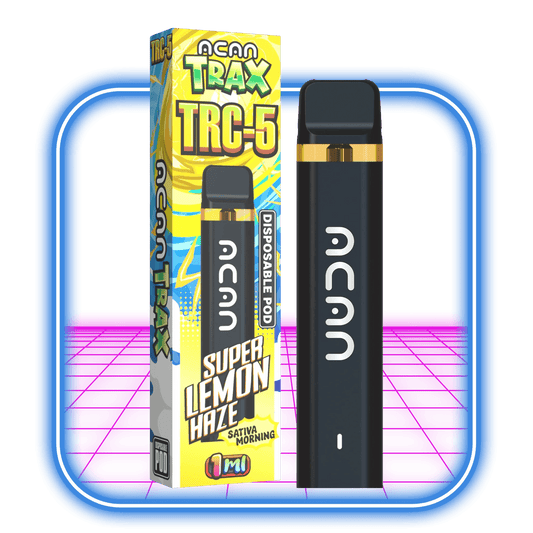 TRAX / TRC-5 95% Vape 1ml | Super Lemon Haze (Sativa) från Acan har färgglada förpackningar med ACAN TRAX och TRC-5 Vape väl synliga. Den har en elegant svart enhet prydd med en vit logotyp mot en levande rosa och blå bakgrund, som antyder den exotiska touchen av Tresconol.