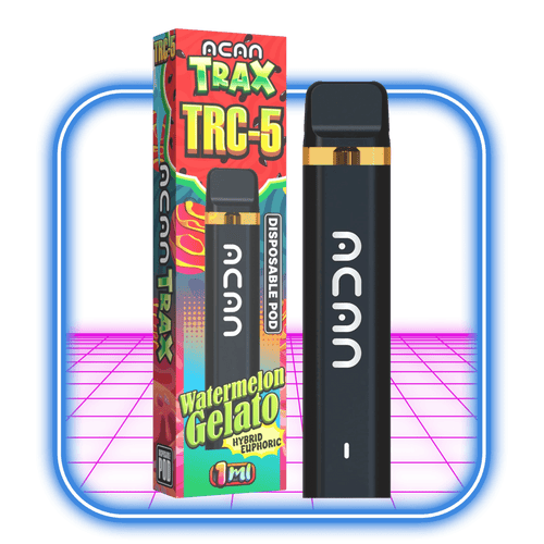 En svart engångsbalja märkt Acan sitter bredvid dess livfulla förpackning med texten TRAX / TRC-5 95% Vape 1ml | Watermelon Gelato (Hybrid). Förpackningen har färgglad grafik, och båda föremålen står mot en ljusrosa bakgrund inramad av en blå fyrkant.