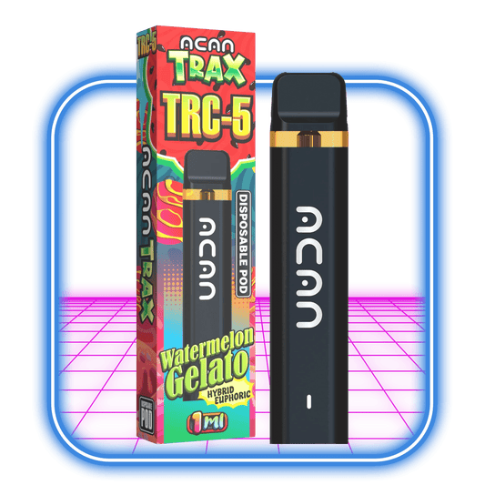 En svart engångsbalja märkt Acan sitter bredvid dess livfulla förpackning med texten TRAX / TRC-5 95% Vape 1ml | Watermelon Gelato (Hybrid). Förpackningen har färgglad grafik, och båda föremålen står mot en ljusrosa bakgrund inramad av en blå fyrkant.