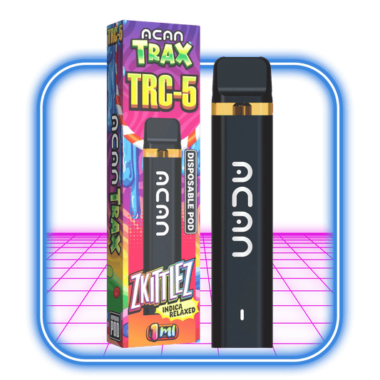 En svart vapepod för engångsbruk från Acan vilar mot en neonbakgrund och visar TRC-5 Vape och beskrivningen ZKITTLEZ INDICA RELAXED, vilket indikerar att det är en 1 ml produkt från Tresconol-kollektionen.