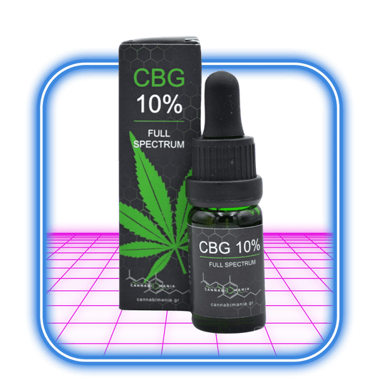 En 10 ml flaska med en droppare märkt CBG-Olja 10%, 1000 mg CBG från Cannabimania sitter bredvid en matchande låda, perfekt för aromaterapi. Boxen har ett grönt cannabisblad och hexagonala mönster på en blå och rosa gradientbakgrund inramad av en blå kant.