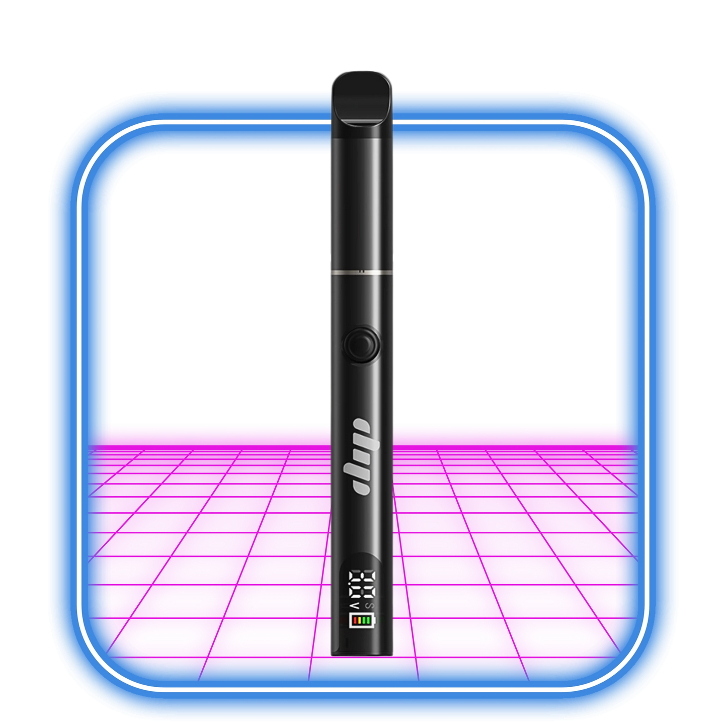 Dip-enheterna | Lunar Dab Pen - Svart står upprätt i en glödande blå fyrkantig ram, upplyst av en ljusrosa yta nedanför, vilket framhäver dess praktiska Pack-And-Go-design.
