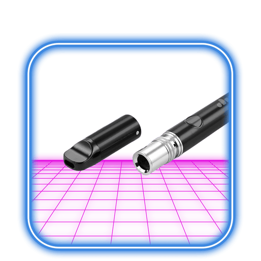 Dip-enheterna | Lunar Dab Pen - Svart by Dip Devices, visad med munstycket avstängt på en livfull rosa digital yta och en glödande blå kant, framhäver dess Pack-And-Go-design.