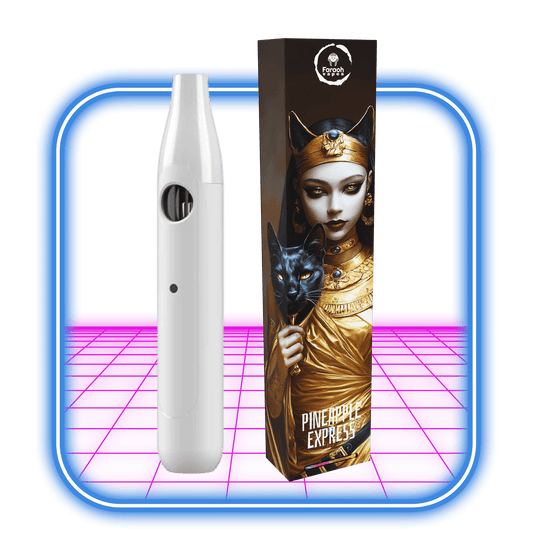 En svart THCB + THCHO vape-penna sitter bredvid en lila låda märkt Pineapple_Express_Hybrid. Egyptiska mönster, inklusive en farao och en ankh, pryder lådan. Båda föremålen visas på en levande neonrosa och blå bakgrund.