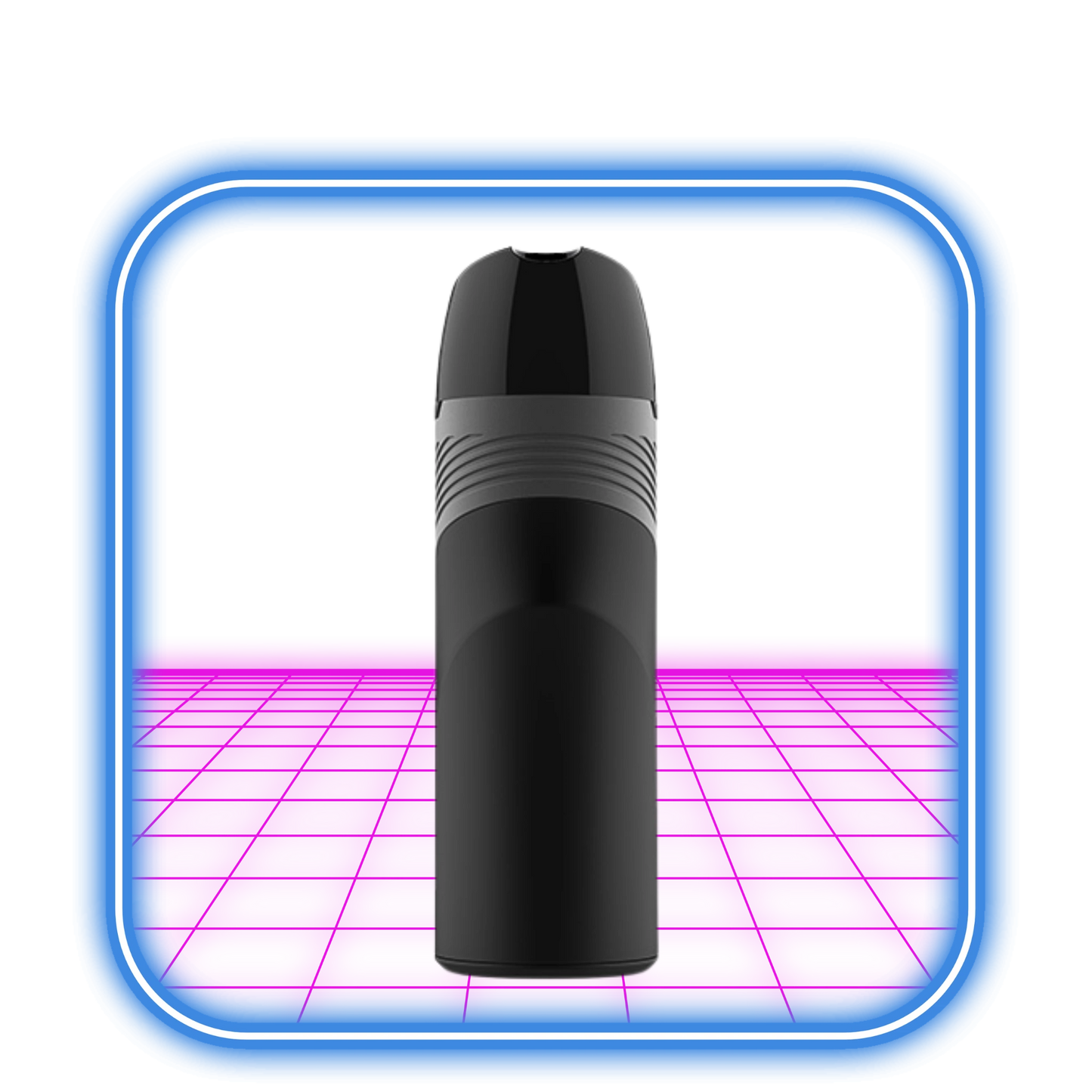 En svart Flowermate | Stylo vaporizer från Flowermate står upprätt i mitten, framhävd av en blå neon fyrkantig ram och en livlig rosa glödande digital rutnätsbakgrund.