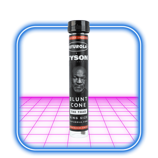 En Futurola | Tyson 2.0 Terpene-Infused Blunt Cone (Tobaksfri) från Tyson 2.0 står upprätt inuti en glödande blå och rosa futuristisk ram, med ett svartvitt porträtt av Mike Tyson på förpackningen.