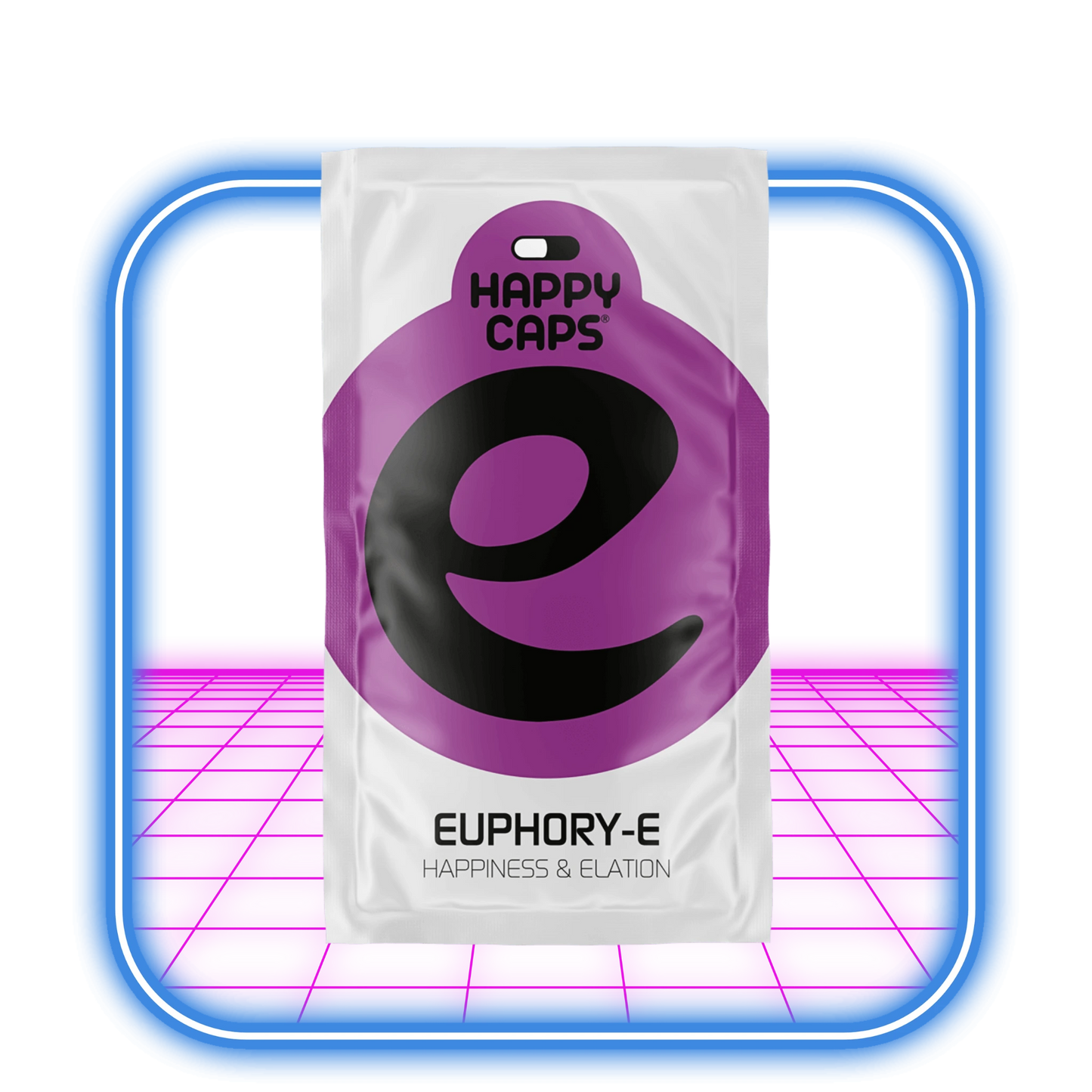 En påse Happy Caps | Euphor-E från Happy Caps, med en djärv lila cirkel och svart "e"-logotyp, sitter i en glödande blå ram ovanpå en levande rosa yta och utstrålar den upplyftande energin av aromaterapi.