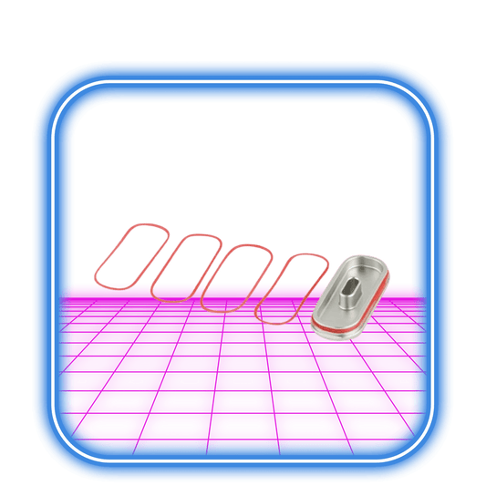 En blå fyrkantig ram rymmer fem metalliska gem och en silverburkflik, arrangerade på en rosa yta. Liknande delar från PAX | Koncentrat Lock + O-Ring Kit från PAX, den transparenta bakgrunden ger dem en flytande effekt.