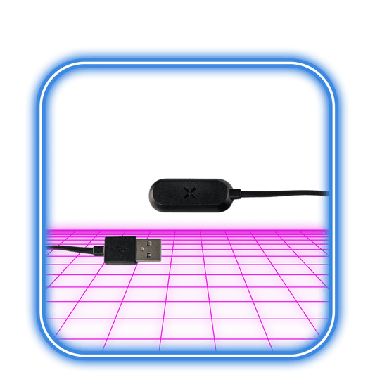 PAX | MINI LADDARE, en kompakt svart enhet med en X-symbol och USB-kabel, vilar på en glödande rosa futuristisk yta, inramad av en blå rundad fyrkantig kant.