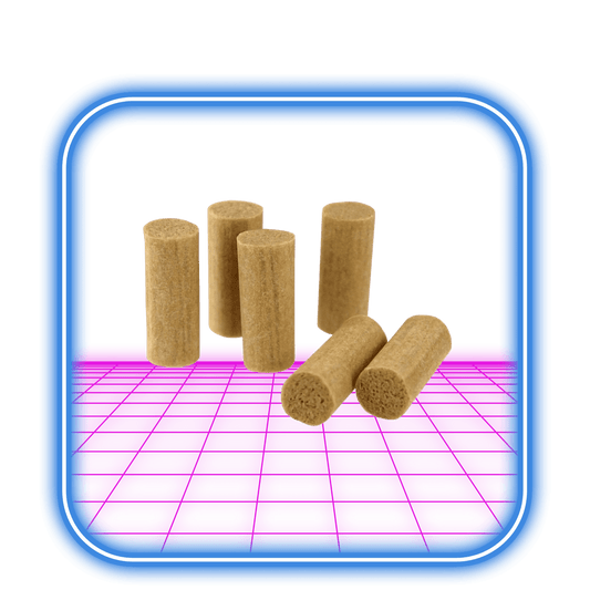 Sex RAW | Oraffinerade smala filter (200st), cylindriska och bruna, är arrangerade på en ljusrosa yta, med en tjock blå fyrkantig kant som ramar in scenen.