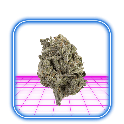 En enda HiMood THCA Buds - Bangkok Sativa 22% (5g) är centrerad inom en blå inramad fyrkant, som svävar ovanför en neonrosa och lila digital futuristisk bakgrund.