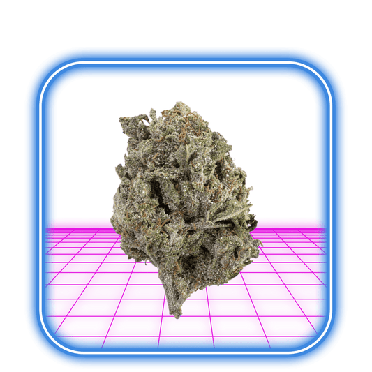 En enda HiMood THCA Buds - Bangkok Sativa 22% (5g) är centrerad inom en blå inramad fyrkant, som svävar ovanför en neonrosa och lila digital futuristisk bakgrund.