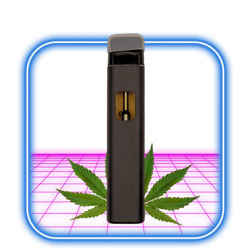 Flying Moose THCA Vape 48% | OG Kush (Hybrid) - 2ml står upprätt framför en livfull rosa bakgrund, med gröna cannabisblad vid basen, inramade av en blå neonruta. Denna laddbara enhet är både snygg och funktionell.