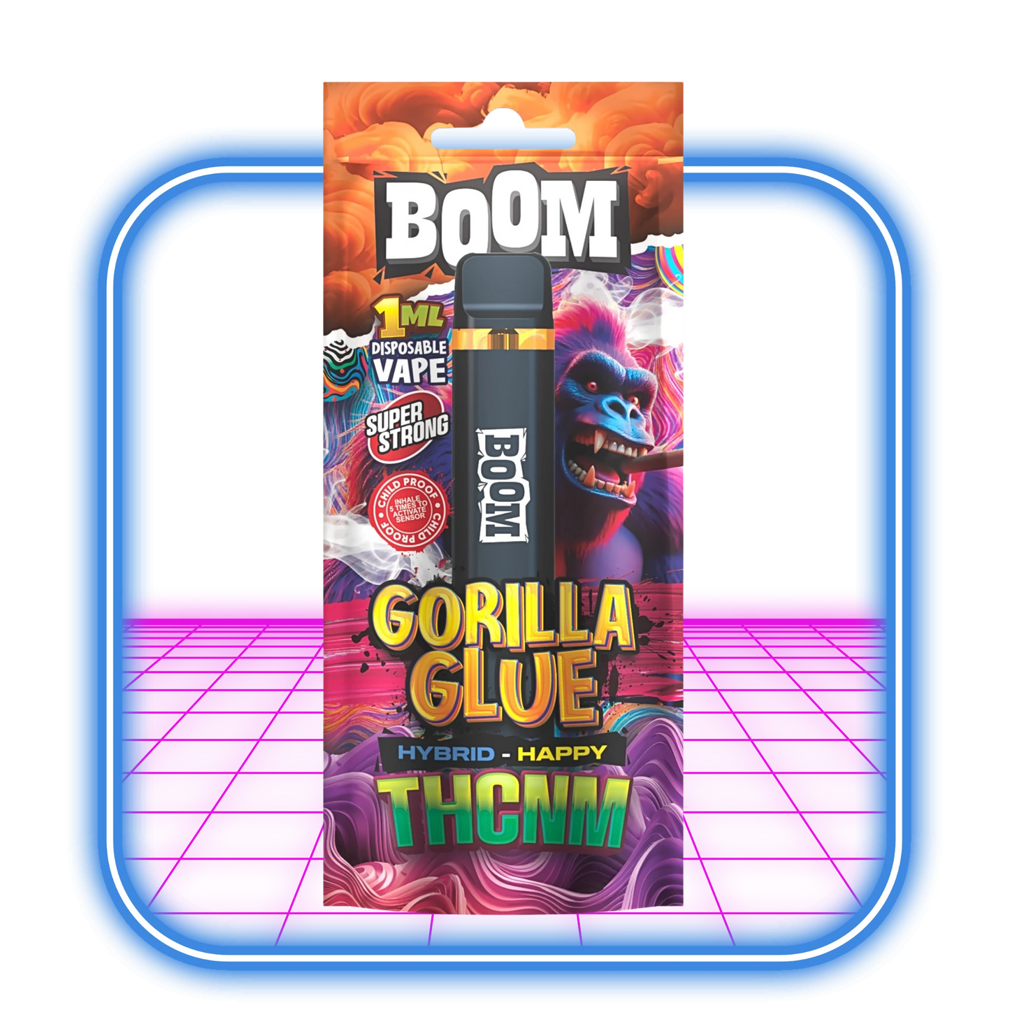 ACAN THCNM Boom Gorilla Glue (Hybrid) Vape 1ml har ett livfullt blått och rosa gorillakonstverk mot en glödande bakgrund, vilket visar upp den energiska dragningskraften hos denna unika cannabinoidblandning.