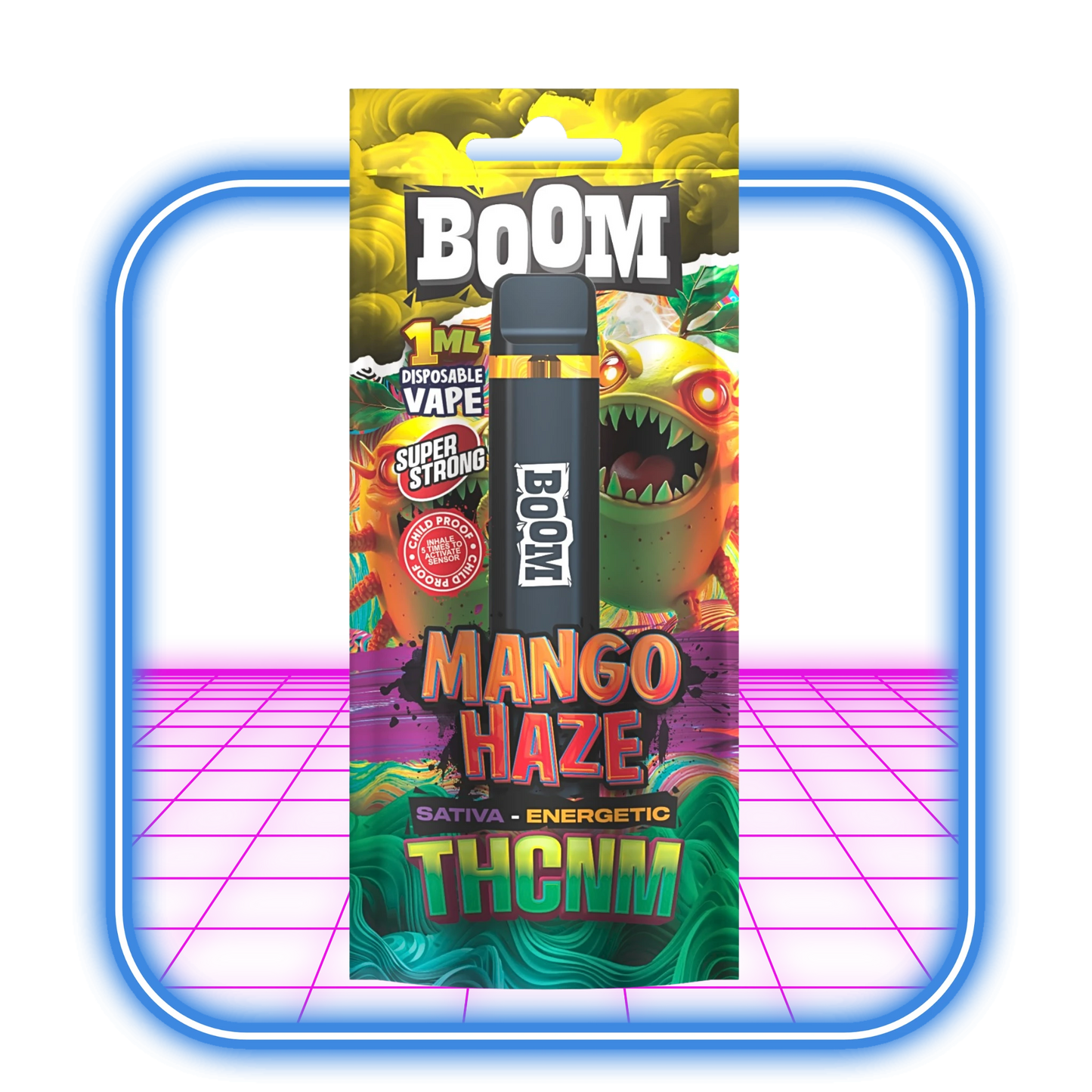 ACAN THCNM Boom Mango Haze (Sativa) Vape 1ml kommer i en livfull, energisk förpackning med ett seriemonster, fet text och cannabinoiddetaljer. Produkten står inuti en lysande blå och rosa fyrkantig ram.