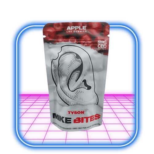 Ett paket Tyson 2.0 | Mike Bites - CBD Gummies - Apple (20:a) har en illustration av biten öra på en livfull blå och rosa bakgrund. Var och en av de 20 gummiarna innehåller 5 mg bredspektrum CBD.