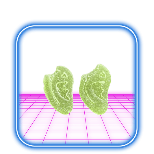Två gröna, öronformade Tyson 2.0 Mike Bites CBD Gummies - Apple (20:a) vilar på en neonrosa yta inuti en rundad blå fyrkantig ram.