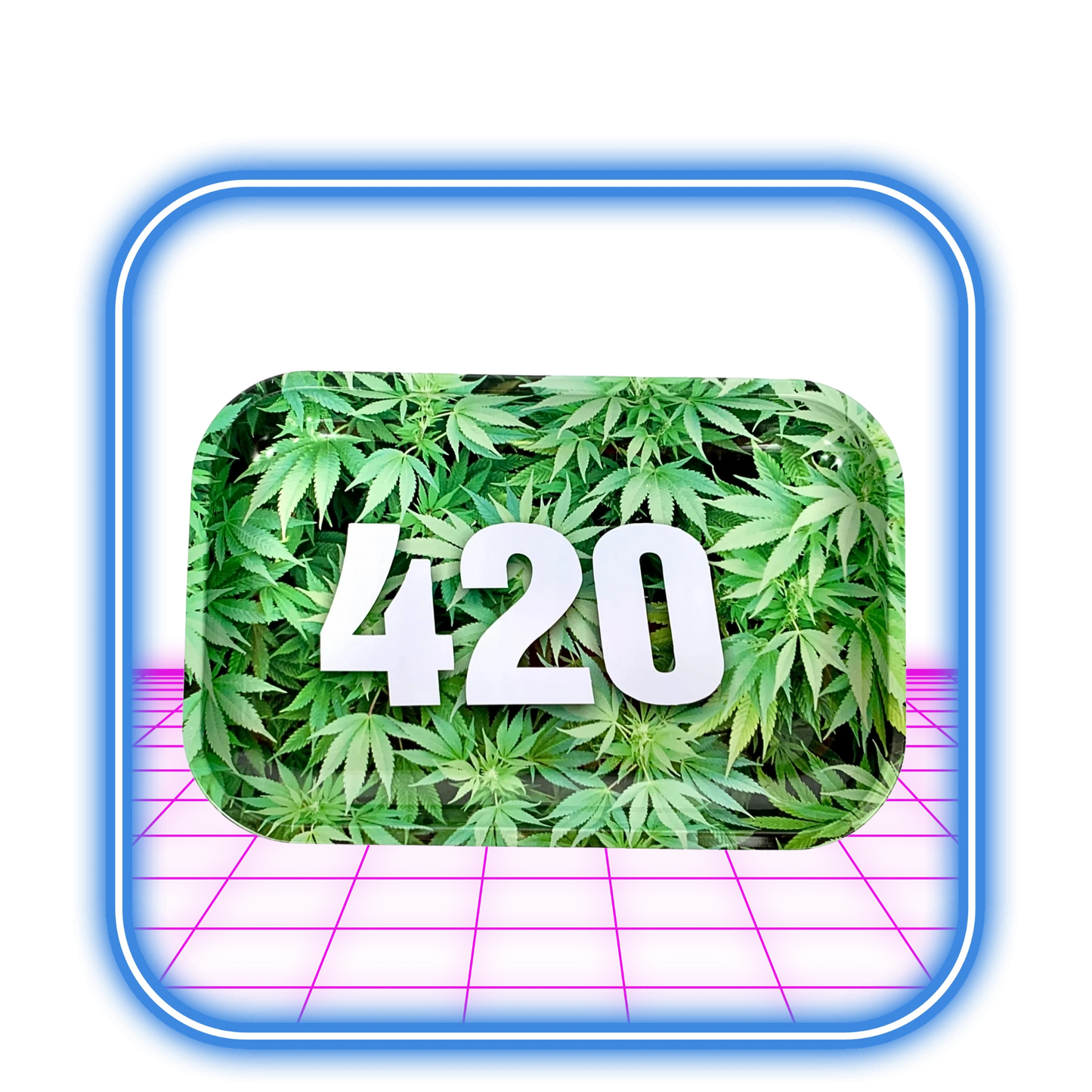 En digital bild som visar siffran 420 i vitt mot marijuanablad, som framkallar 420-Grön-vibbar, har en blå ram med en rosa nederkant. Den är baserad på HiMood-produkten: 420-Grön Metall Rullbricka, Liten (30 cm L / 20 cm B).