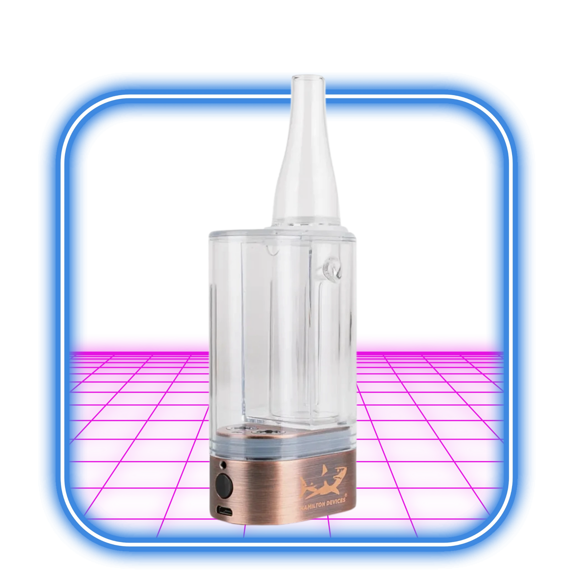 Hamilton PS1 Cartridge Bubbler har en modern design med en transparent kammare och ett elegant vitt munstycke på en kopparfärgad bas. Utrustad med en 510 batteriknapp och USB-port, är den snygg och funktionell mot en ljusrosa bakgrund med blå kant.