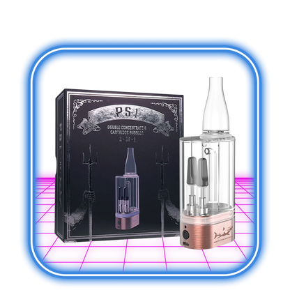 En vape-enhet med en genomskinlig kammare och roséguldbas står bredvid en svart låda märkt PS1 Double Concentrate & Cartridge Double 2-in-1, med en treudd och enheten. Den eleganta designen kompletterar dess kompatibilitet med 510 Batteri - Hamilton PS1 Cartridge Bubbler mot en livfull neonrosa och blå bakgrund.