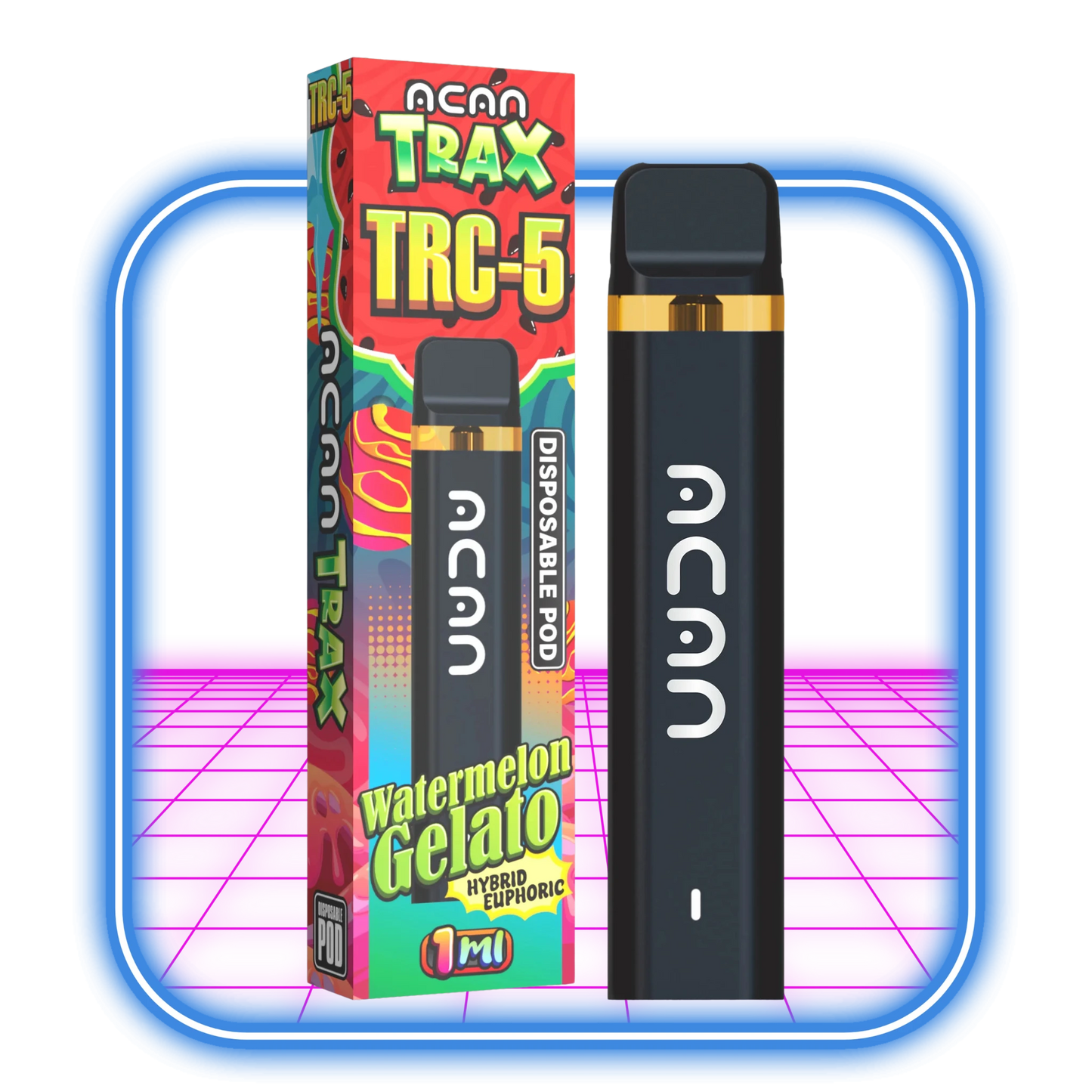 En svart engångsbalja märkt Acan sitter bredvid dess livfulla förpackning med texten TRAX / TRC-5 95% Vape 1ml | Watermelon Gelato (Hybrid). Förpackningen har färgglad grafik, och båda föremålen står mot en ljusrosa bakgrund inramad av en blå fyrkant.