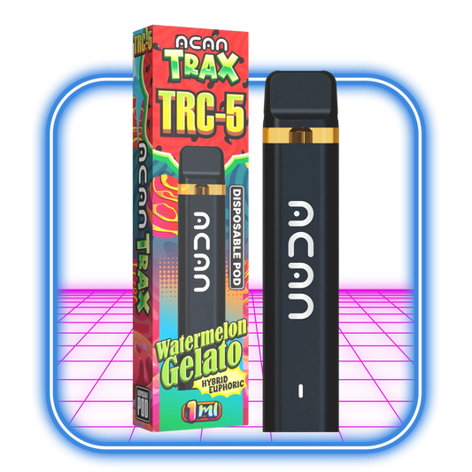 En svart engångsbalja märkt Acan sitter bredvid dess livfulla förpackning med texten TRAX / TRC-5 95% Vape 1ml | Watermelon Gelato (Hybrid). Förpackningen har färgglad grafik, och båda föremålen står mot en ljusrosa bakgrund inramad av en blå fyrkant.