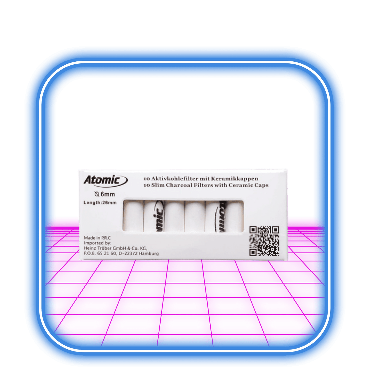 En fråga med Atomic AT-Filters | 6mm Active Charcoal (10-pack) visa på en rosa-lila neonyta med blått glödande ram—för en välsmakande och mildare rökupplevelse.