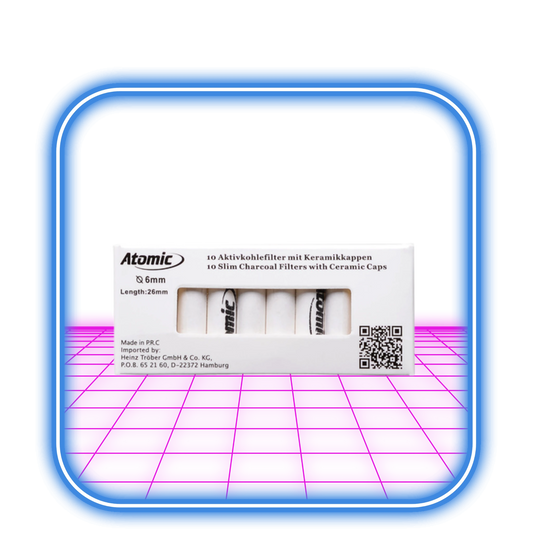 En fråga med Atomic AT-Filters | 6mm Active Charcoal (10-pack) visa på en rosa-lila neonyta med blått glödande ram—för en välsmakande och mildare rökupplevelse.