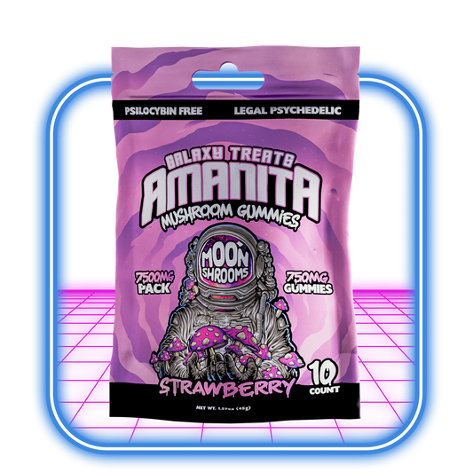 Galaxy Treats Amanita Mushroom Gummies 10pack | Strawberry gör en unik tårtdekoration med sin lila och rosa förpackning. Den innehåller 10 gummier på totalt 7500 mg, där varje gummi är en laglig psykedelisk på 750 mg.