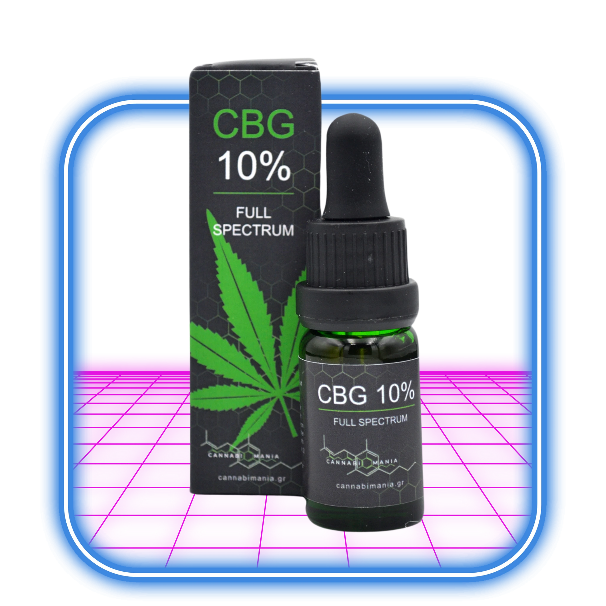 En 10 ml flaska med en droppare märkt CBG-Olja 10%, 1000 mg CBG från Cannabimania sitter bredvid en matchande låda, perfekt för aromaterapi. Boxen har ett grönt cannabisblad och hexagonala mönster på en blå och rosa gradientbakgrund inramad av en blå kant.