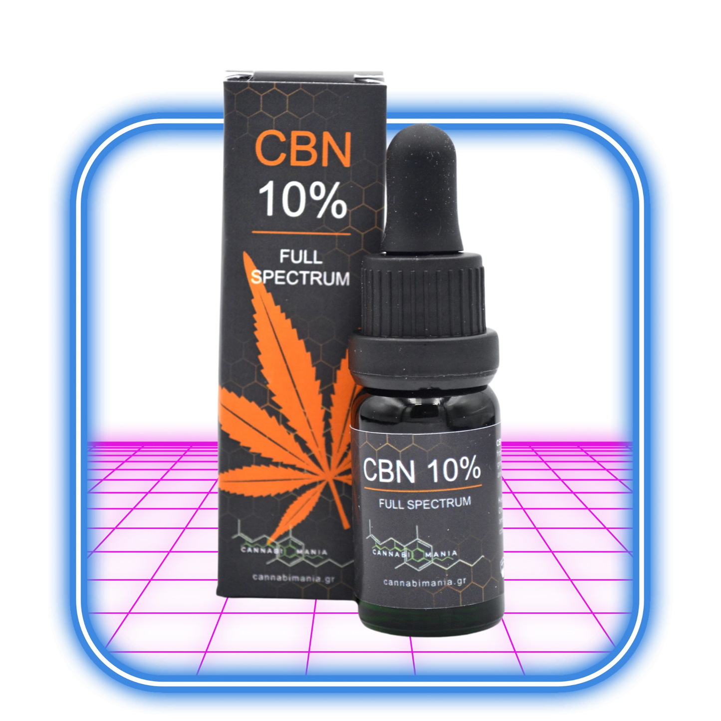 Cannabimania CBN-Olja 10%, med 1000 mg CBN i en 10 ml flaska, står framför dess förpackning prydd med ett orange cannabisblad och hexagonala mönster. Den är idealisk för aromaterapi, med en elegant design och en svart dropplock som framhäver dess förstklassiga kvalitet.