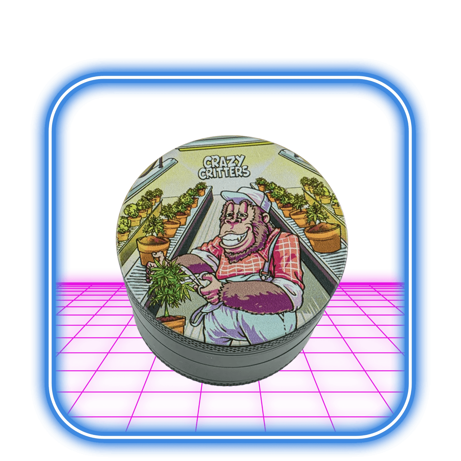 The Crazy Critters | Metal Grinder 4-parts Monkey (55 mm) från Crazy Critters har en livfull design med neonaccenter och en tecknad gorilla i overall som sköter rader av krukväxter på locket.