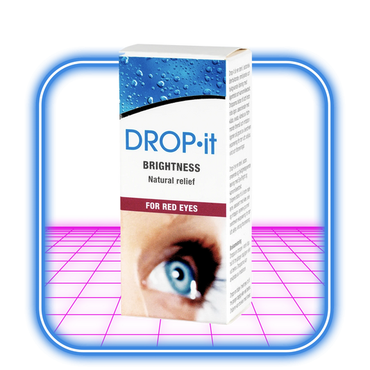 En ask HiMood Drop-it Brightness ögondroppar 10 ml för röda ögon står framför en lysande blå och rosa båge, med förpackningen som visar ett blått öga och marknadsför "Brightness Natural lindring" för lindring av ögonirritation.