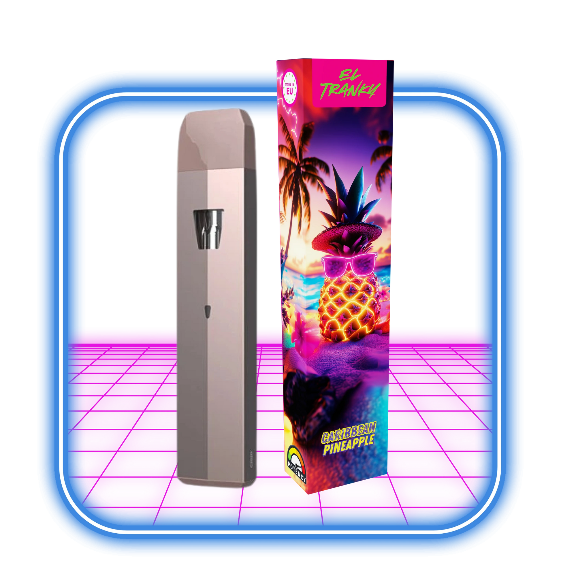 En elegant EL TRANKY vapepenna i silver står bredvid en livlig ask märkt "EL TRANKY THCB + THCHO | Vape 2ml | Caribbean Pineapple (Hybrid)", inställd mot en neonrosa och blå bakgrund – äkta engångsvape-stil.
