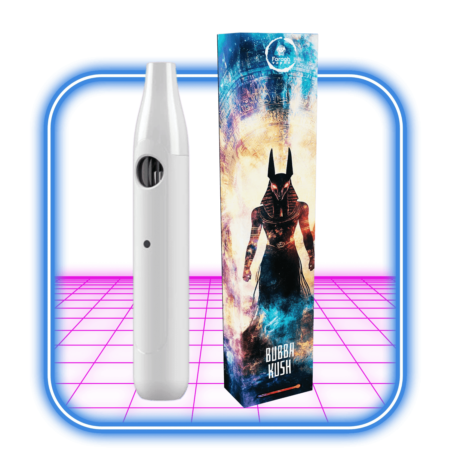En vit Faraoh THCB + THCHO Vape 1 ml (Bubba Kush, Indica) står bredvid en livlig Faraoh-låda med konstverk med egyptiskt tema, mot en neonrosa och blå bakgrund. Perfekt för vape-fans i Sverige.