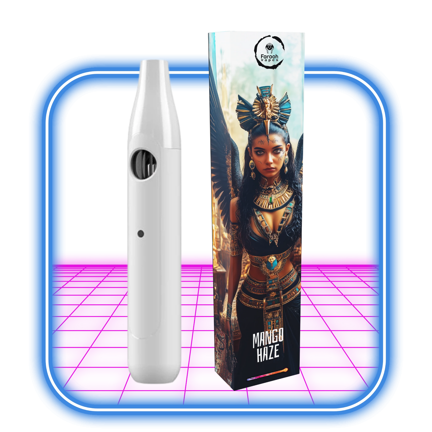 En svart THCB + THCHO vape-penna sitter bredvid en lila låda märkt Mango_Haze_Hybrid. Egyptiska mönster, inklusive en farao och en ankh, pryder lådan. Båda föremålen visas på en levande neonrosa och blå bakgrund.