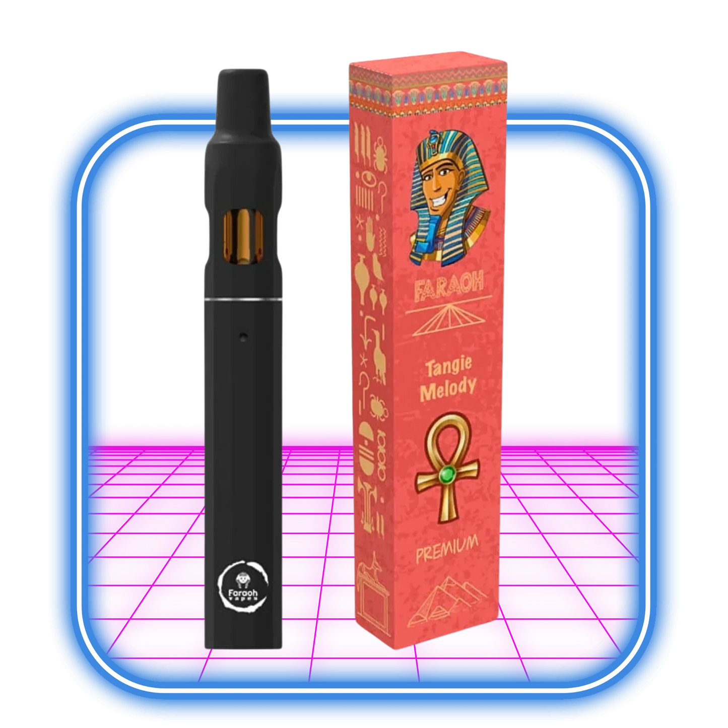 En elegant svart THCB + THCHO vape-penna med en genomskinlig sektion kompletterar en hög röd ask prydd med egyptisk konst, med en farao och en ankh. Märkt Faraoh Tangie Melody Premium, sitter den mot en rosa bakgrund med blå kanter, vilket frammanar det gamla Sveriges mystik.