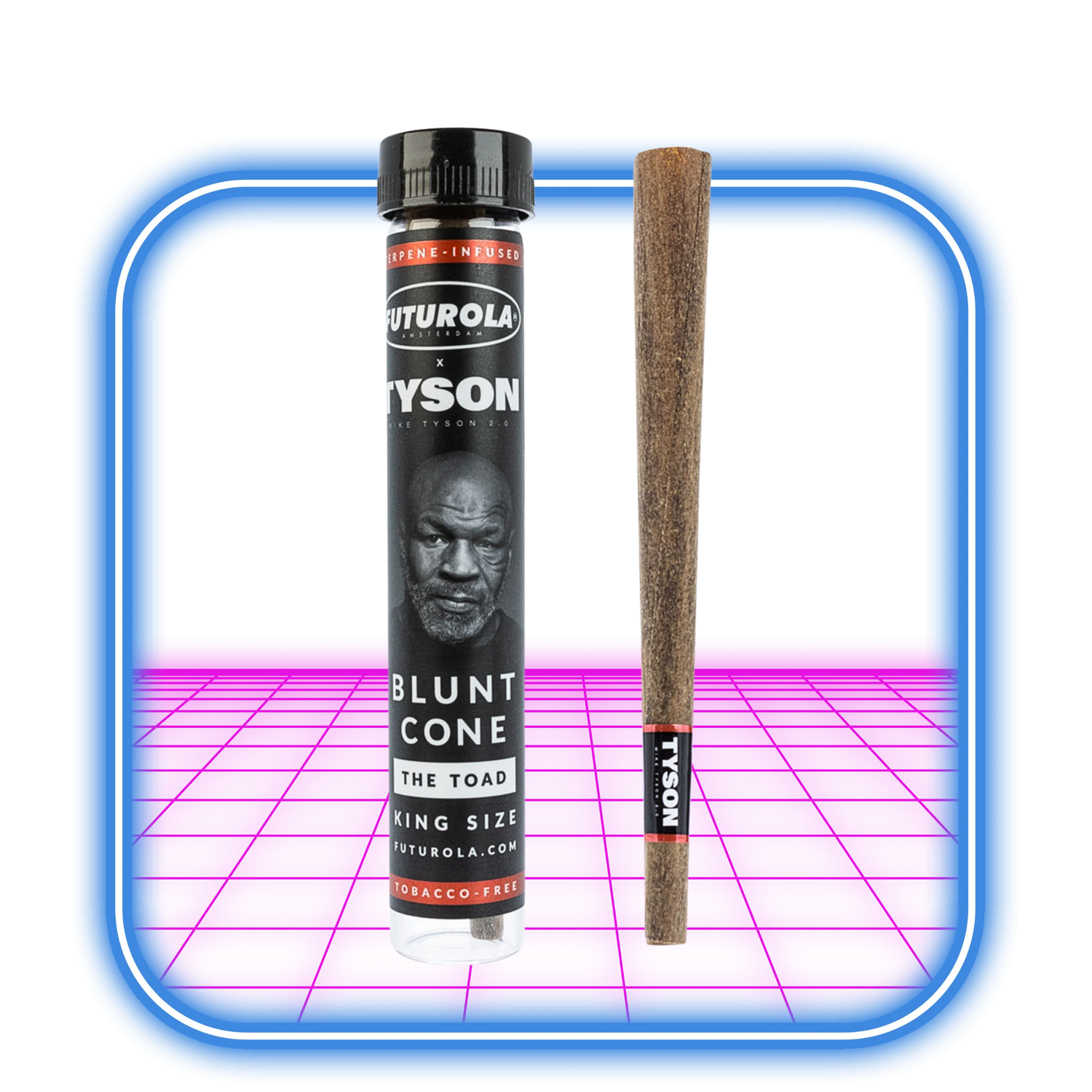 Ett rör märkt Tyson 2.0 står bredvid en Futurola | Tyson 2.0 Terpene-Infused Blunt Cone (tobaksfri), båda visas på en neonrosa och blå bakgrund.