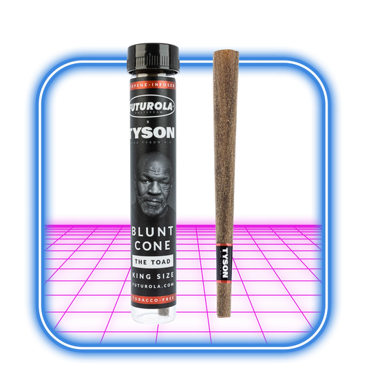 Ett rör märkt Tyson 2.0 står bredvid en Futurola | Tyson 2.0 Terpene-Infused Blunt Cone (tobaksfri), båda visas på en neonrosa och blå bakgrund.