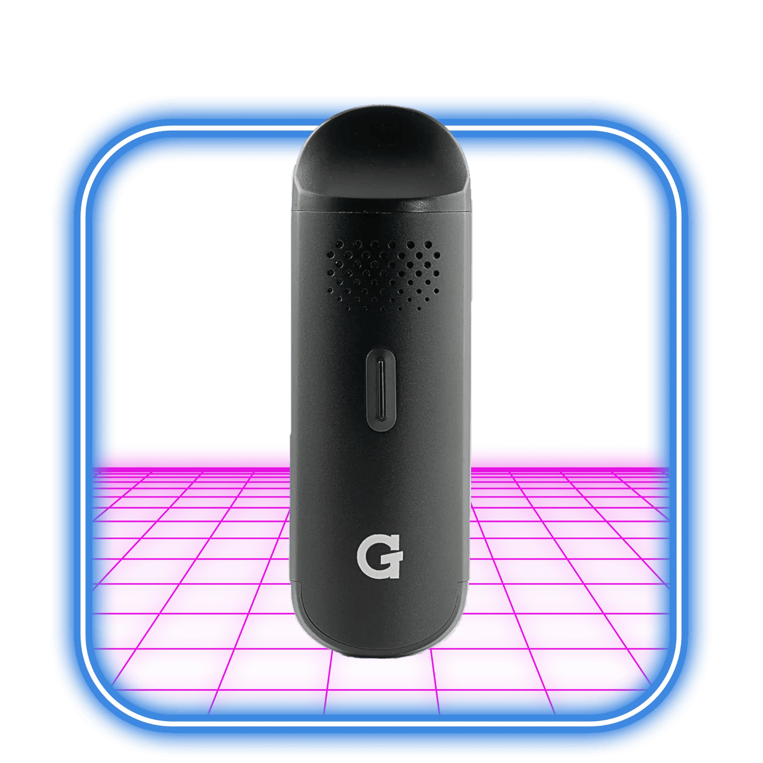 G-pennan | The Dash, en kompakt svart vaporizer från G Pen med signaturlogotypen vid basen, står upprätt mot en lysande blå och rosa neonbakgrund.
