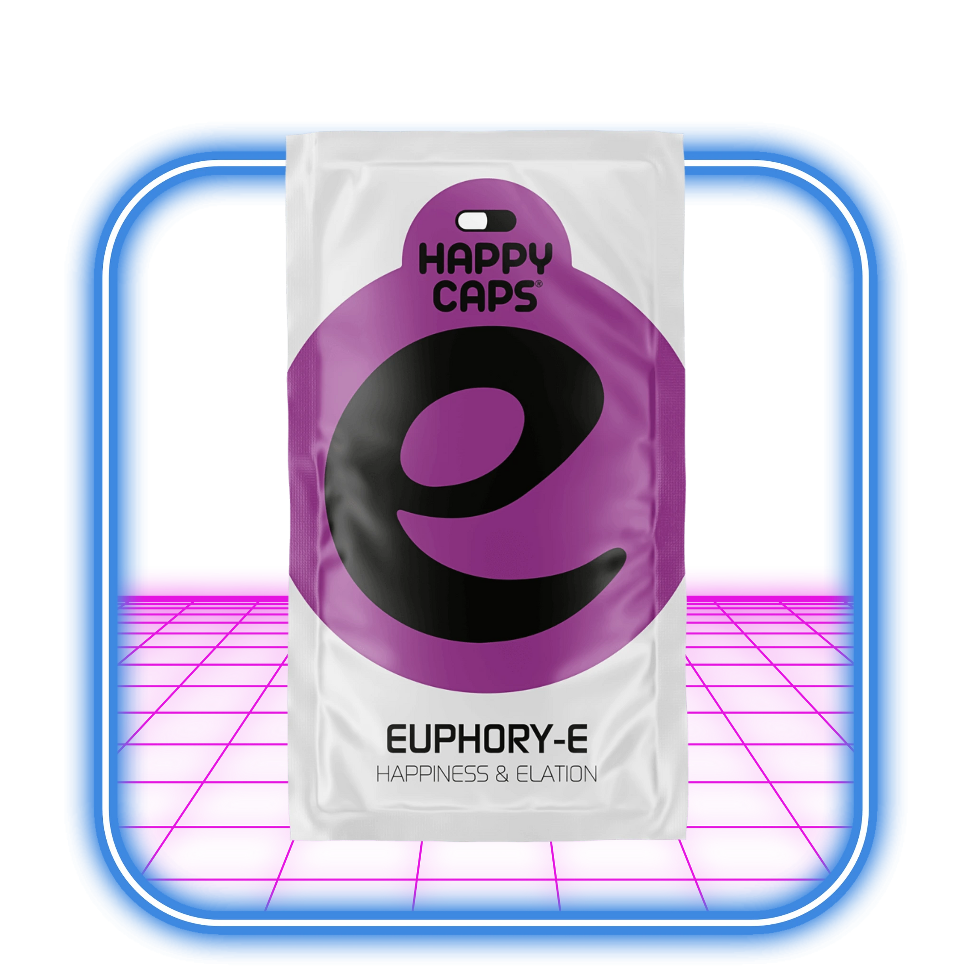 En påse Happy Caps | Euphor-E från Happy Caps, med en djärv lila cirkel och svart "e"-logotyp, sitter i en glödande blå ram ovanpå en levande rosa yta och utstrålar den upplyftande energin av aromaterapi.
