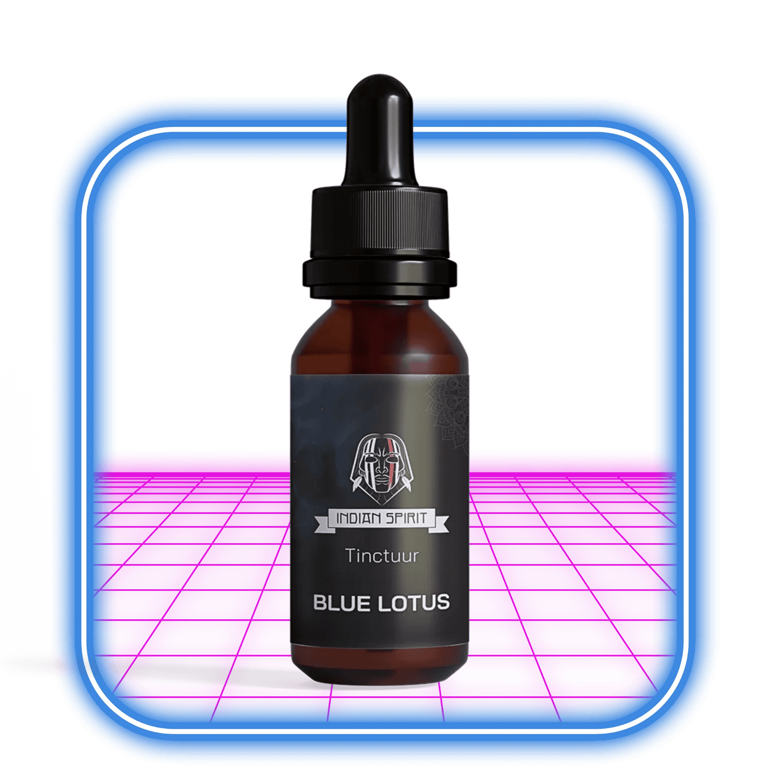 En upprätt brun droppflaska, märkt Indian Spirit | Tinctuur - Blue Lotus 15x Extract (10ML), är inramad av en glödande blå kant på en rosa digital yta, som visar upp dess koncentrerat botaniska extrakt från Indian Spirit.