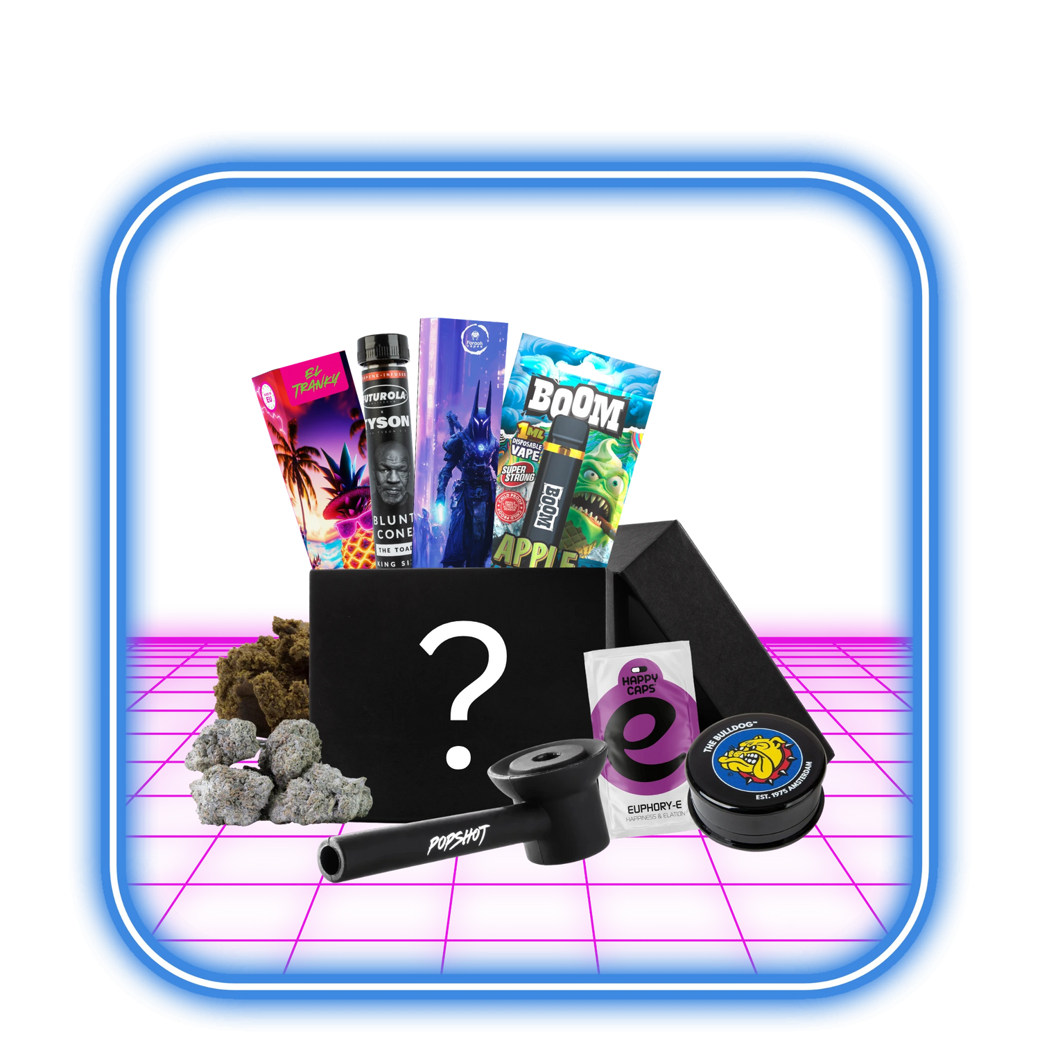 En Mystery Box (Värde 2000kr) från HiMood, med ett frågetecken, är omgiven av nya favoriter – röktillbehör, örtprodukter, rullpapper och en svart pipa – på en glödande rosa yta med en blå kantad ram för visning och insamling.