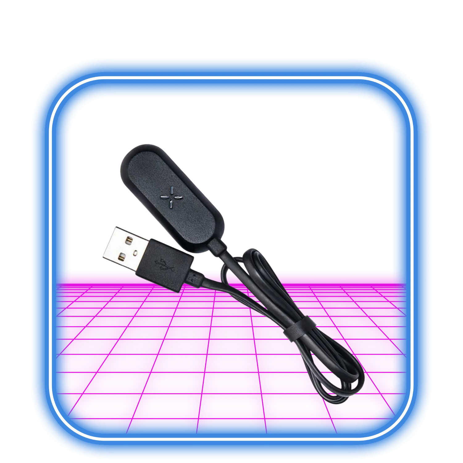 PAX | MINI LADDARE från PAX är en svart USB-laddningskabel med kompakt design och rektangulär kontakt, snyggt lindad och visad på en rosa och blå bakgrund med digitalt tema.