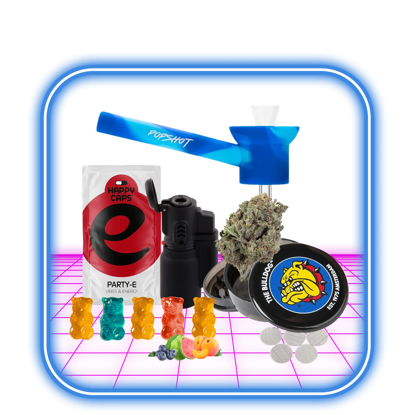 HiMood Party Mix - Bundle-kitet innehåller THCB-godisar, en vaporizer, grinder, tändare, cannabisknoppar, Party-E Happy Caps och Bulldog-rullpapper arrangerade på en neonrosa yta med en blå ram.