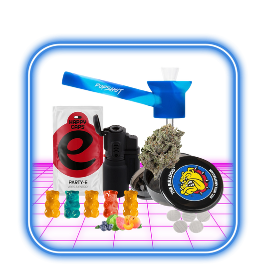HiMood Party Mix - Bundle-kitet innehåller THCB-godisar, en vaporizer, grinder, tändare, cannabisknoppar, Party-E Happy Caps och Bulldog-rullpapper arrangerade på en neonrosa yta med en blå ram.