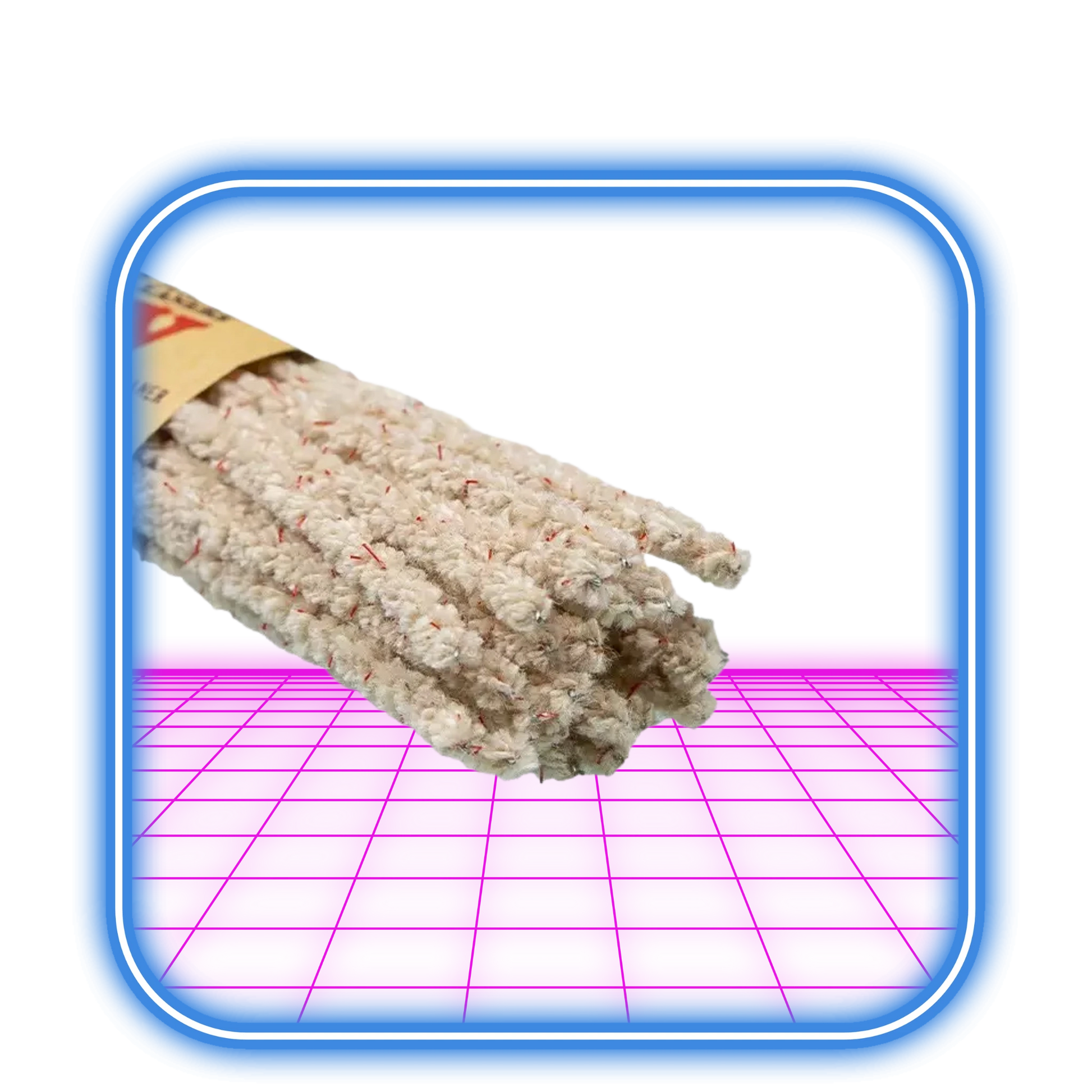 Inuti en digital ram med en blå kant, sitter RAWs Hampa Pipe Cleaners (24:a) i en bunt, som liknar strukturerade pinnar med ett spräckligt mönster, mot en neonrosa bakgrund med ett rutmönsterliknande mönster.