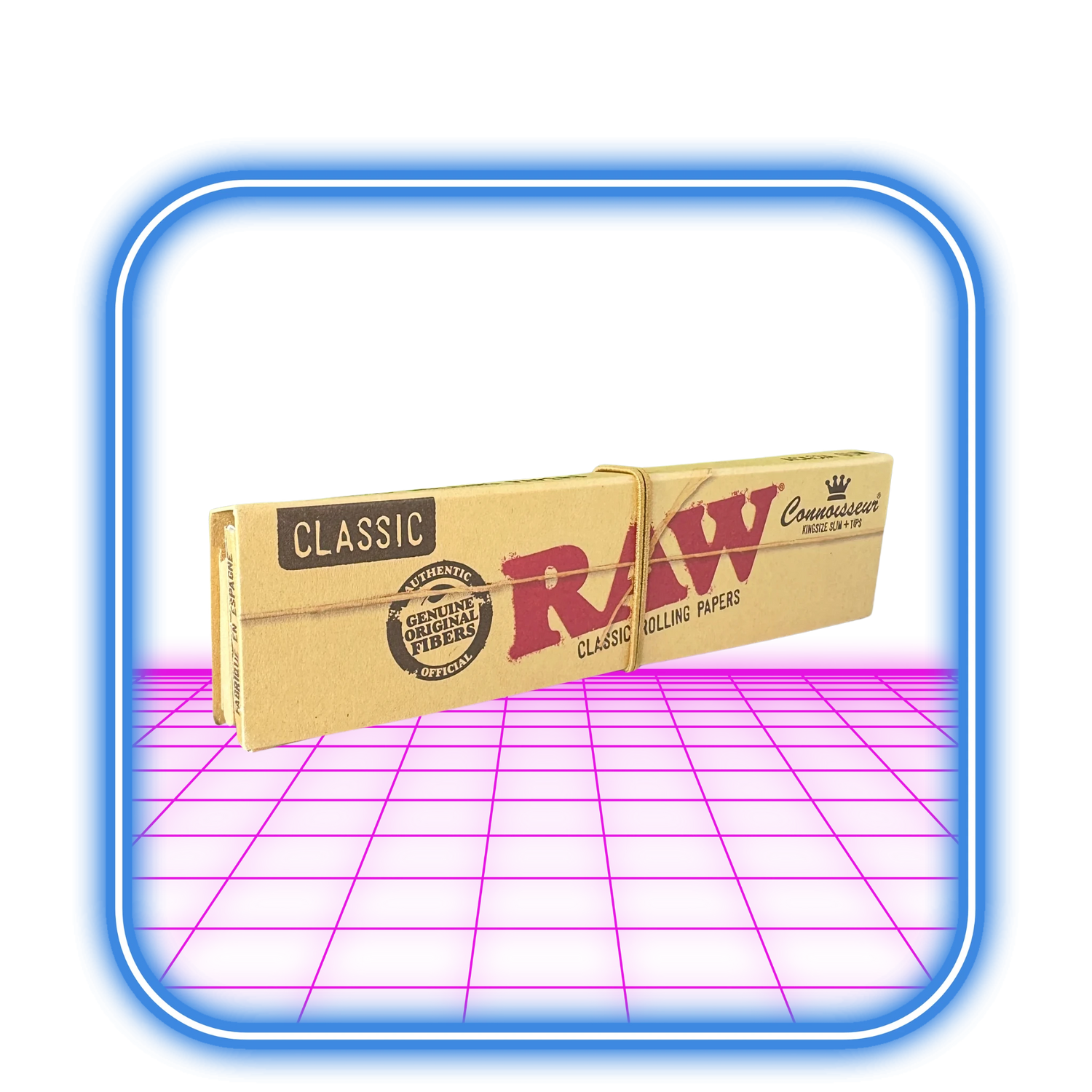 Ett paket RAW | Connoisseur Classic K.S Slim + Tips rullpapper från RAW, med brun design och Classic-etikett, visa mot neonrosa/blå bakgrund. Gjorda av naturliga oblekta papper för miljövänlig rökning.
